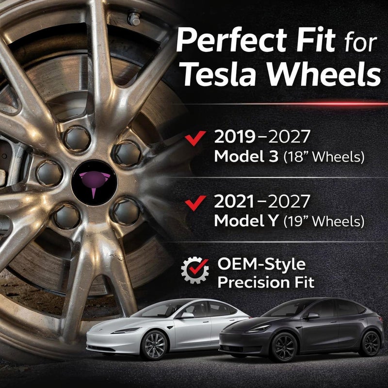 Tesheer Wheel Center Hub Cap Kit with Tesla Emble Brand Center Caps for Model 3 Model Y with 20 Lug Nut Covers (4PCS) (Purple) - Image 4