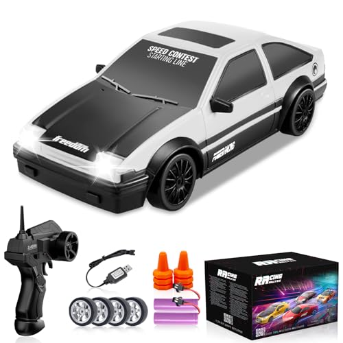 YUAN PLAN RC Drift Car 124 24GHz Remote Control Cars 4WD High Speed Drift RC Cars with Cool LED Lights Extra Drifting Tires Racing Toys Car with Two Batteries for Kids Boys Girls Adults White - Image 1