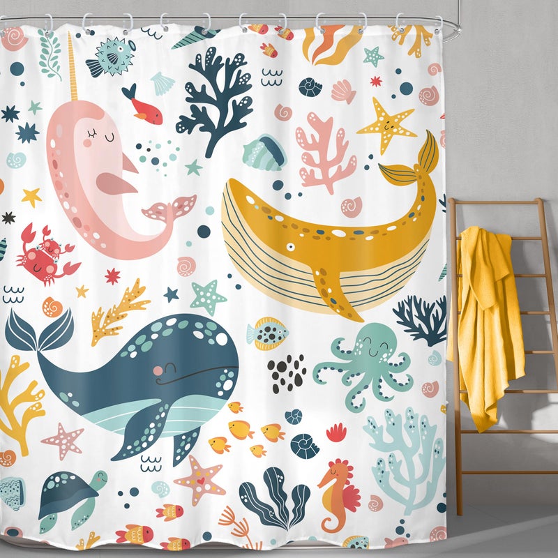 Lghtyro Kids Whale Startain Stain Set 71wx84h inches Extra Long Long Cartoon Cartoon Fish Ocean Sealife تحت الماء إكسسوارات حمام النجم - Image 2