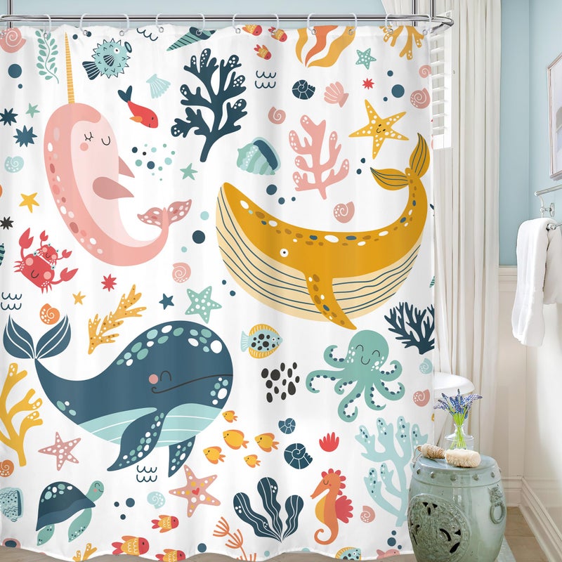 Lghtyro Kids Whale Startain Stain Set 71wx84h inches Extra Long Long Cartoon Cartoon Fish Ocean Sealife تحت الماء إكسسوارات حمام النجم - Image 1