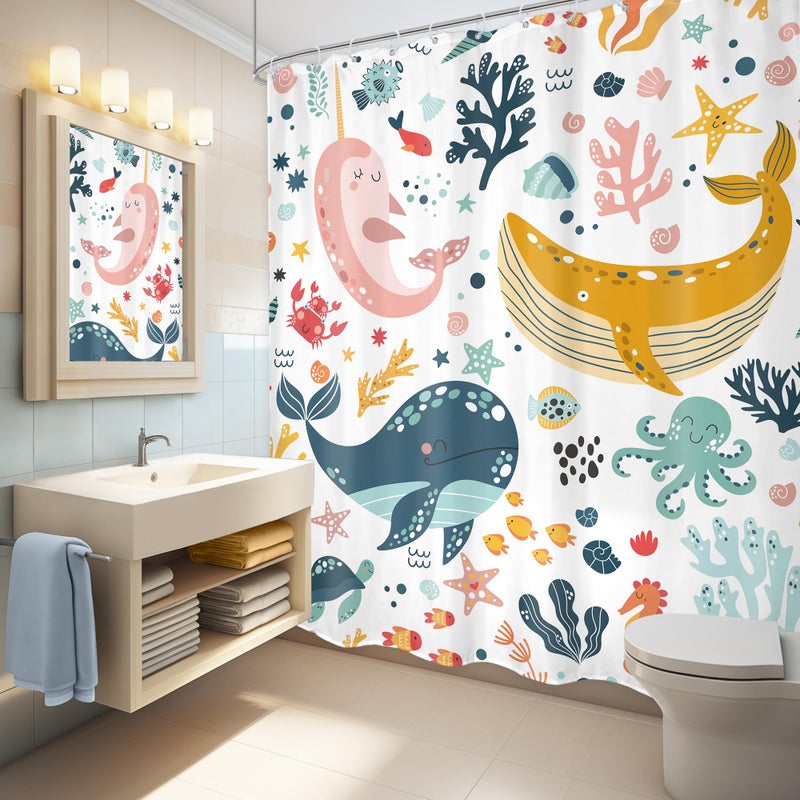Lghtyro Kids Whale Startain Stain Set 71wx84h inches Extra Long Long Cartoon Cartoon Fish Ocean Sealife تحت الماء إكسسوارات حمام النجم - Image 4