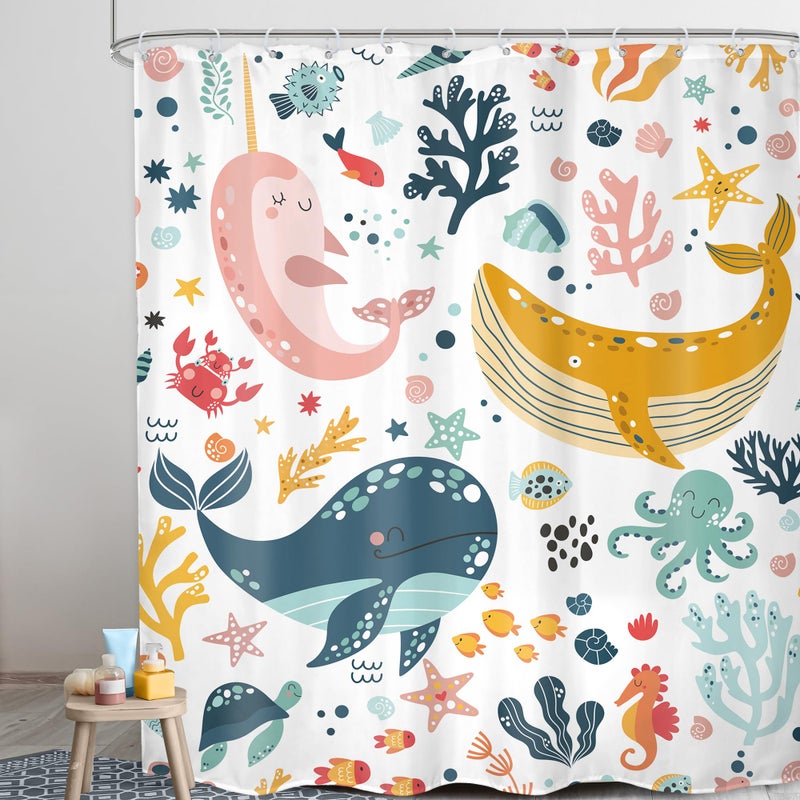 Lghtyro Kids Whale Startain Stain Set 71wx84h inches Extra Long Long Cartoon Cartoon Fish Ocean Sealife تحت الماء إكسسوارات حمام النجم - Image 3