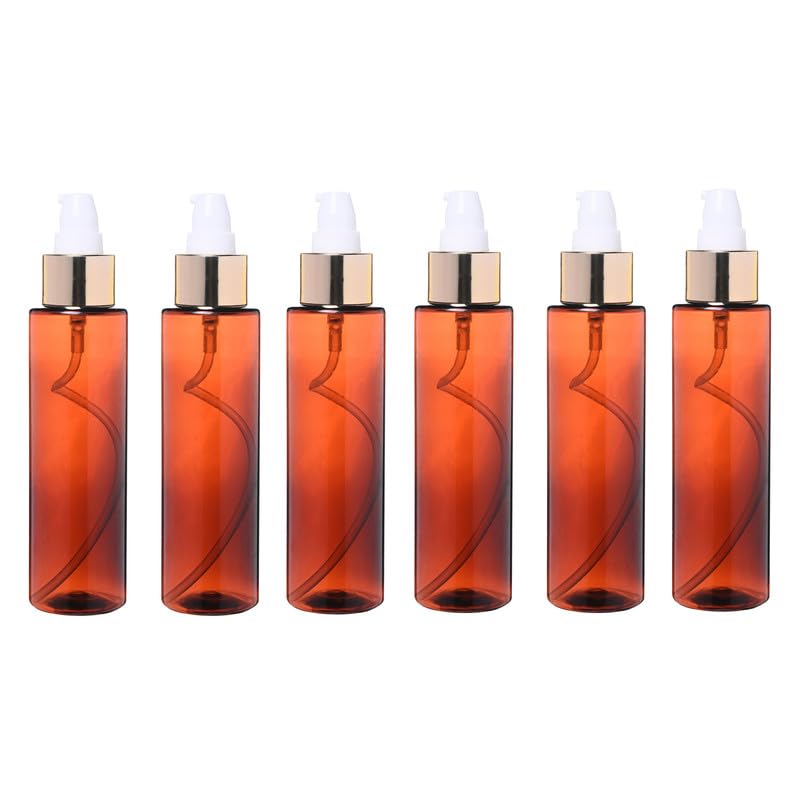 Devinez Round Amber Bottle 100ml Pack of 6 with Golden White Lotion Pump Serum Essential Oils Blends DIY Skin Care Cosmetics Multipurpose Bottle for Home and Travel Purpose - Image 1