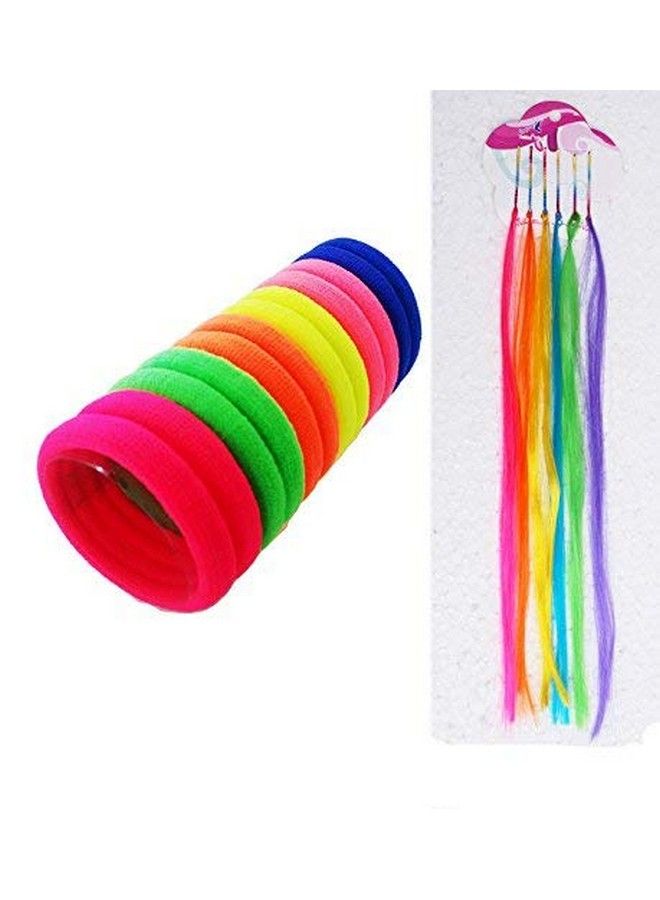 FOK Set Of 6 Colorful Hair Streaks & 15 Pcs Cotton Rubber Bands (Bright) - Image 1