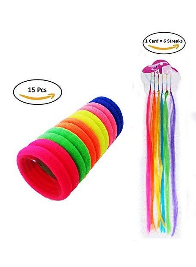 FOK Set Of 6 Colorful Hair Streaks & 15 Pcs Cotton Rubber Bands (Bright) - Image 3