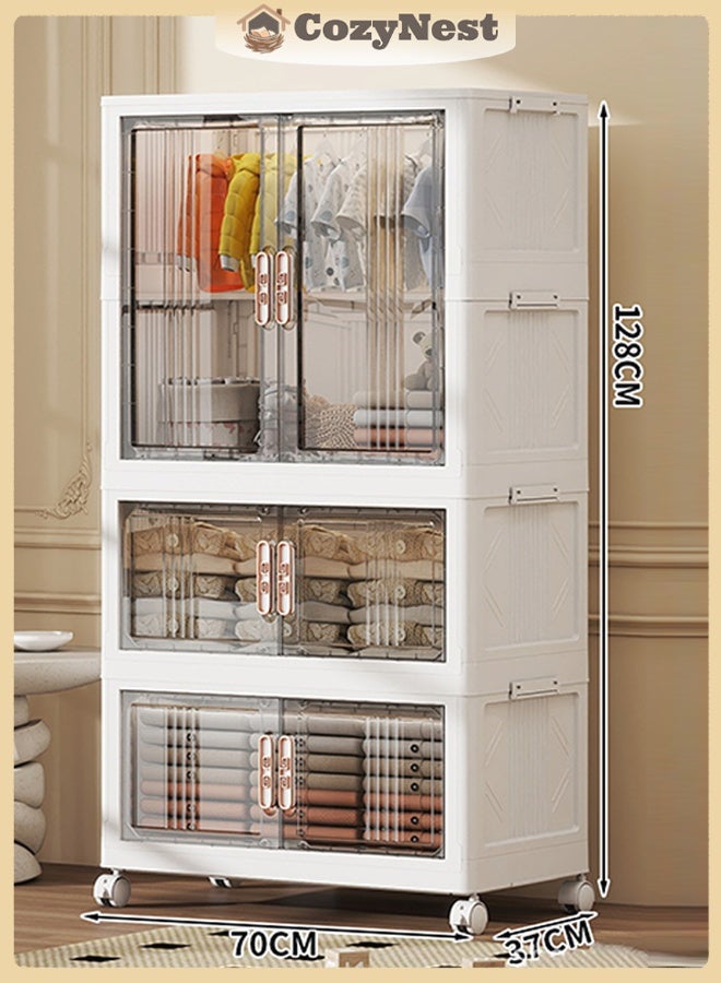 CozyNest 70cm Freestanding Portable Wardrobe Closet with Hanging Rod & Doors, Transparent Gray Panels, Stackable Storage Bins with Lids, Dustproof Foldable Clothing Cabinet with Wheels for Bedroom & Office - Image 1