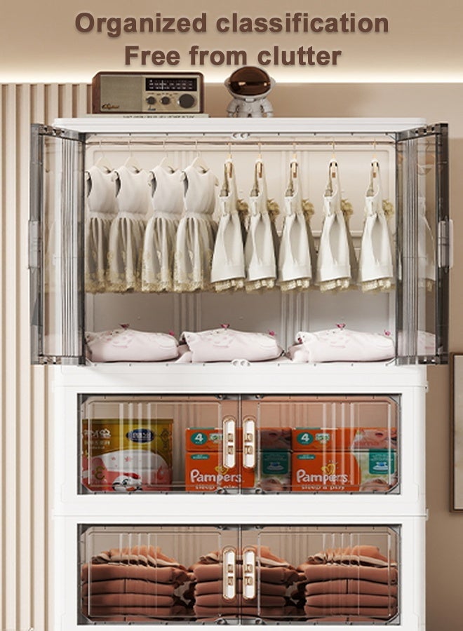 CozyNest 70cm Freestanding Portable Wardrobe Closet with Hanging Rod & Doors, Transparent Gray Panels, Stackable Storage Bins with Lids, Dustproof Foldable Clothing Cabinet with Wheels for Bedroom & Office - Image 2