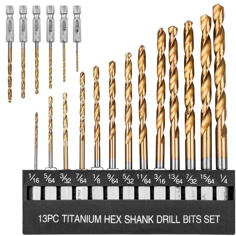 AUYAARS 19 PCS Hex Shank Drill Bit Set, 1/16"-1/4" HSS Titanium Coated Twist Bits for Metal Wood Plastic, 4241 High Speed Steel Small Quick Change Drill Bits with Holder - Image 1