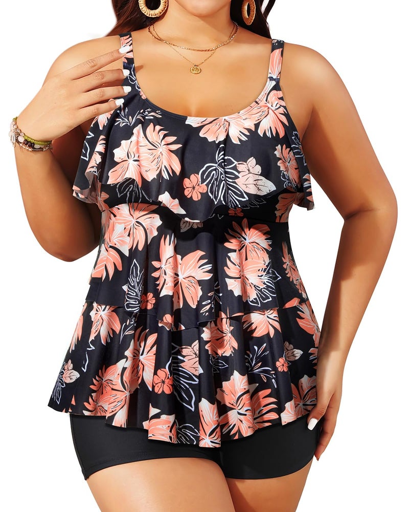 Yonique Women's Plus Size Tankini Swimsuits with Shorts Two Piece Bathing Suits Ruffle Swimsuits Tummy Control Swimwear Orange Floral 16W - Image 1
