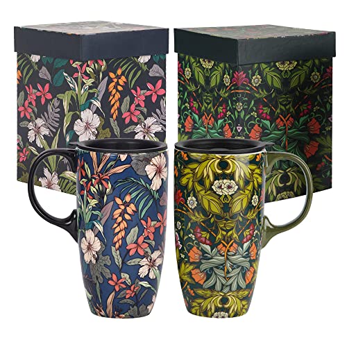 TZSSP Coffee Ceramic Mug Porcelain Latte Tea Cup With Lid 17oz.Blue and Green, 2PCS - Image 1