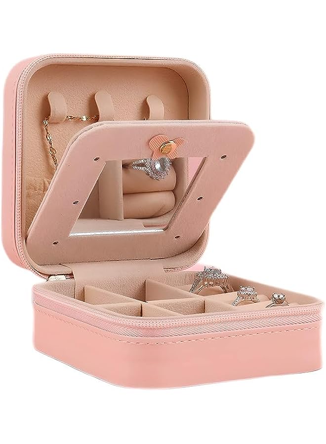 PROMASS Jewelry Box organizer Pink - Small/Mini Travel portable Jewelry Box/Case with Mirror for Women and Girls Necklaces Earrings Rings Bracelet Storage with in-built Mirror - PINK - Image 1