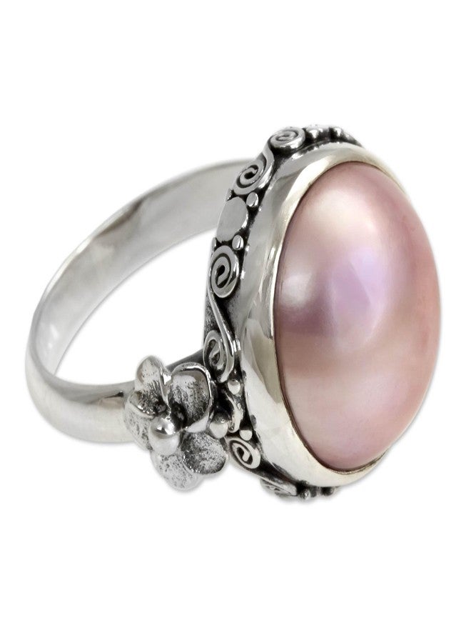 NOVICA Artisan Handmade Pearl Flower Ring Floral Sterling Silver Cocktail Pink Indonesia Birthstone [crownbezel 0.4 in H x 0.6 in Diam. Band Width 3 mm W] ' Love Moon' - Image 1