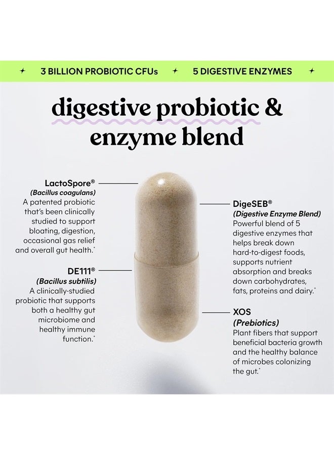Lemme Debloat 3 في 1 بريبايوتيك وبروبيوتيك وإنزيمات هضمية لتخفيف الانتفاخ والغازات - 2 بروبيوتيك تم دراستهم سريريًا مع 5 إنزيمات هضمية لتحسين الهضم للنساء والرجال، نباتي، 60 قرصًا - Image 3