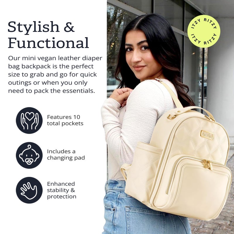 Itzy Ritzy Mini Diaper Bag Backpack â€“ Chic, Compact Mini Plus Backpack with Changing Pad, 10 Pockets (6 Internal, 4 External), Grab-Top Handle & Rubber Feet (Milk & Honey) - Image 3