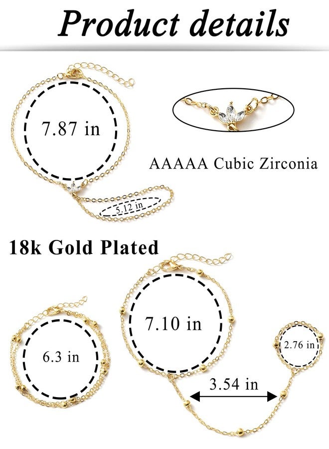 Tornito 9Pcs Hand Chain Bracelet for Women 18k Gold Plated Ring Bracelet Cubic Zircon Bead Flower Finger Bracelet Hand Jewelry Gold Tone Size Adjustable - Image 2