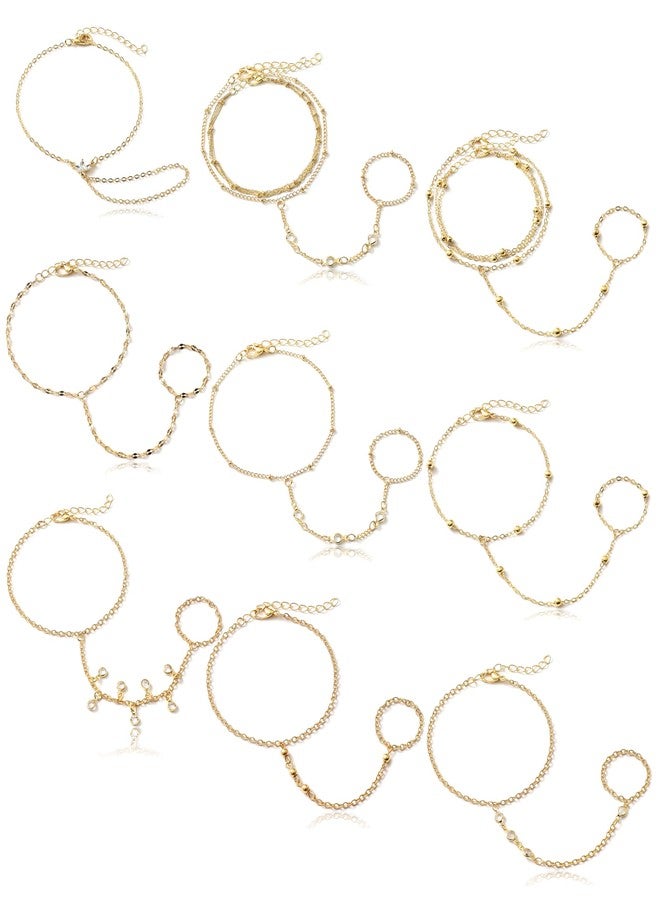 Tornito 9Pcs Hand Chain Bracelet for Women 18k Gold Plated Ring Bracelet Cubic Zircon Bead Flower Finger Bracelet Hand Jewelry Gold Tone Size Adjustable - Image 1