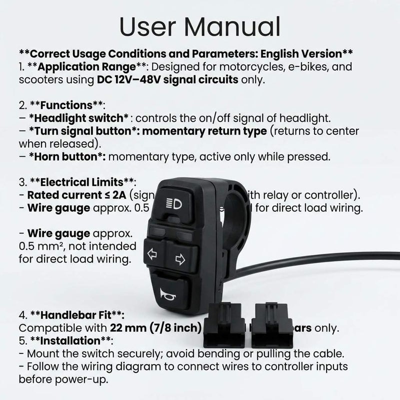 QWORKÂ® 3 in 1 Motorcycle Handlebar Control Switch - Headlight, Turn Signal, Horn Mount on 22mm 7/8 Inch Handlebar for Motorbike, Electric Bike, E-Scooter - Image 2