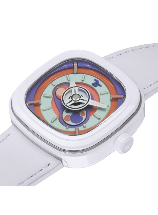 سفن فرايداي ساعة أوتوماتيكية SEVENFRIDAY P1C/06 Bubble Gum بإطار من السيراميك الأبيض وحزام جلدي - Image 4