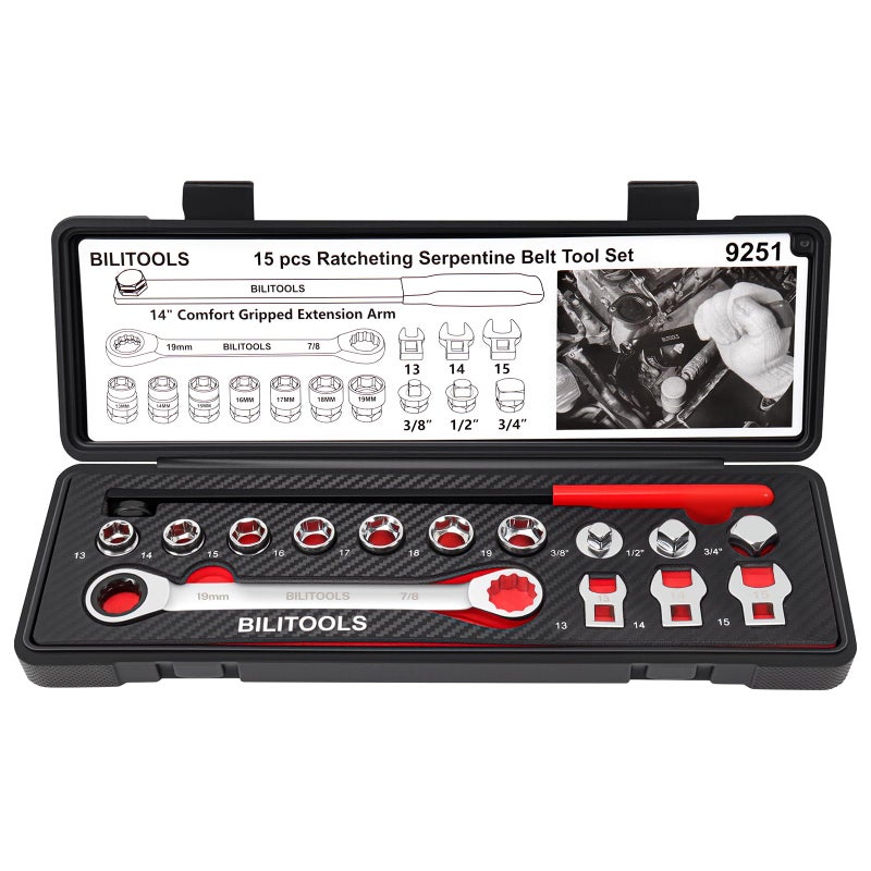 BILITOOLS 15Piece Universal Ratcheting Serpentine Belt Tool Set