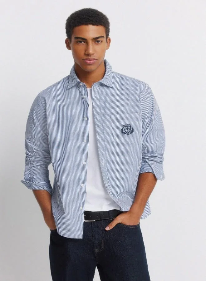 Springfield Striped regular fit long sleeve 100% cotton poplin shirt with embroidered pocket and mother-of-pearl button