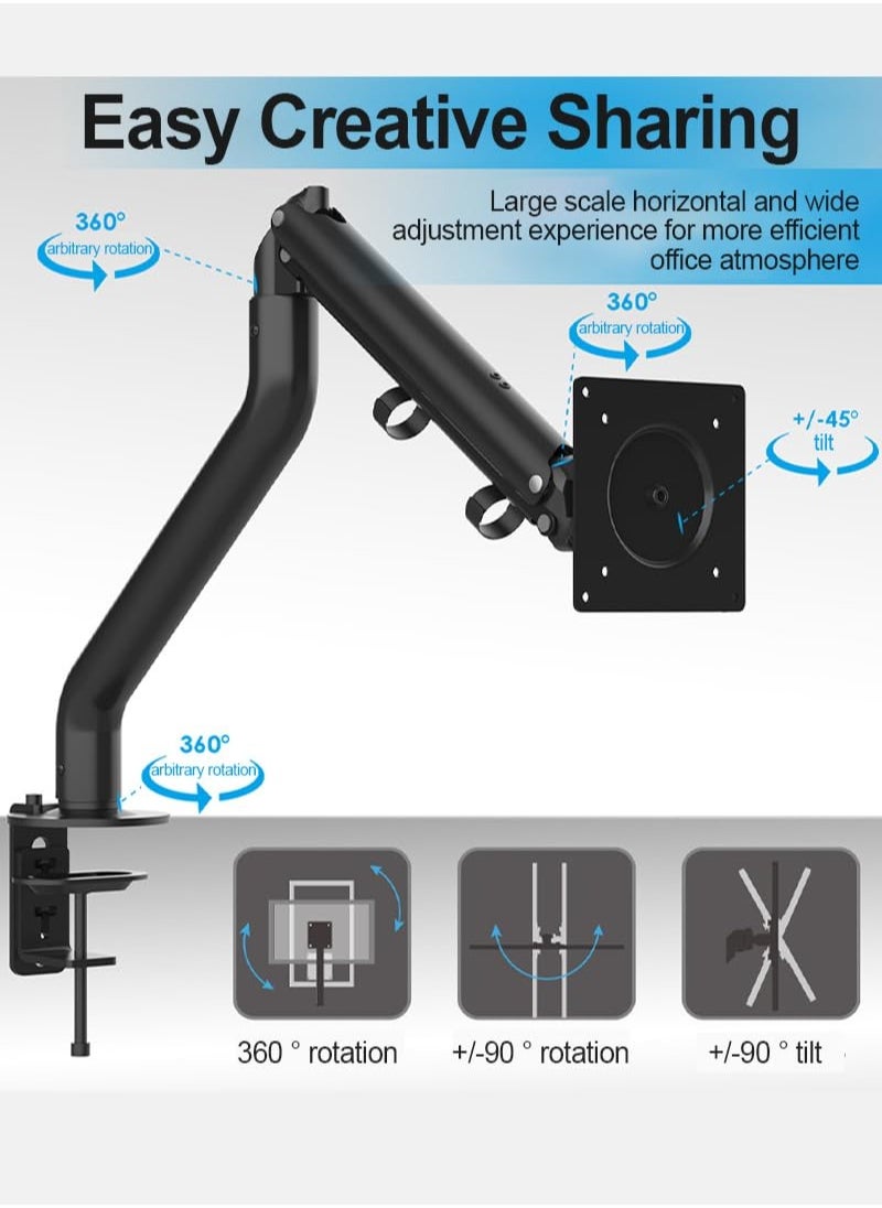 XiuWoo - Full Motion Single Monitor Arm Stand, Gas Spring Monitor Arm for 17-32 inch Flat/Curved/Ultrawide Monitor with C-clamp and Grommet - Image 1
