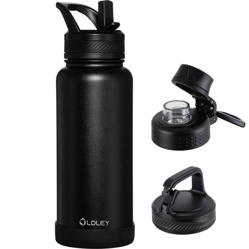 OLDLEY 32 oz Insulated Water Bottle With Straw, Stainless Steel Sports Water Cup Flask with 3 Lids(Straw, Spout and Handle Lid) Double Walled Travel Thermal Canteen Mug,Black - Image 1