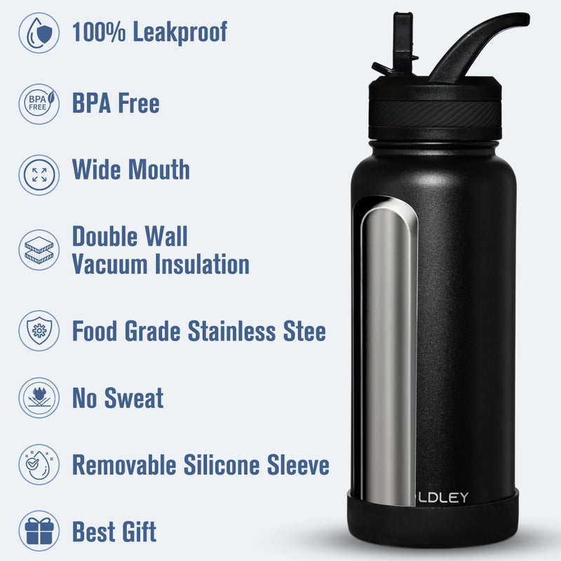 OLDLEY 32 oz Insulated Water Bottle With Straw, Stainless Steel Sports Water Cup Flask with 3 Lids(Straw, Spout and Handle Lid) Double Walled Travel Thermal Canteen Mug,Black - Image 3