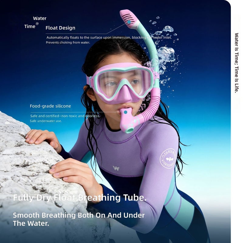 WATERTIME قناع غوص للأطفال من ووترتايم مع أنبوب تنفس، تصميم مضاد للإختناق، إطار كبير عالي الدقة لممارسة السباحة تحت الماء - Image 3