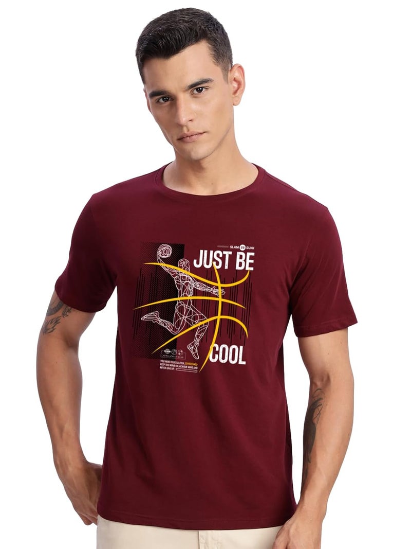 ADRO Men's Maroon Basketball Graphic Printed T-Shirt - Just Be Cool Print, Cotton Lycra Stretch Fabric, Half Sleeve Crew Neck, Relaxed Fit - Image 1