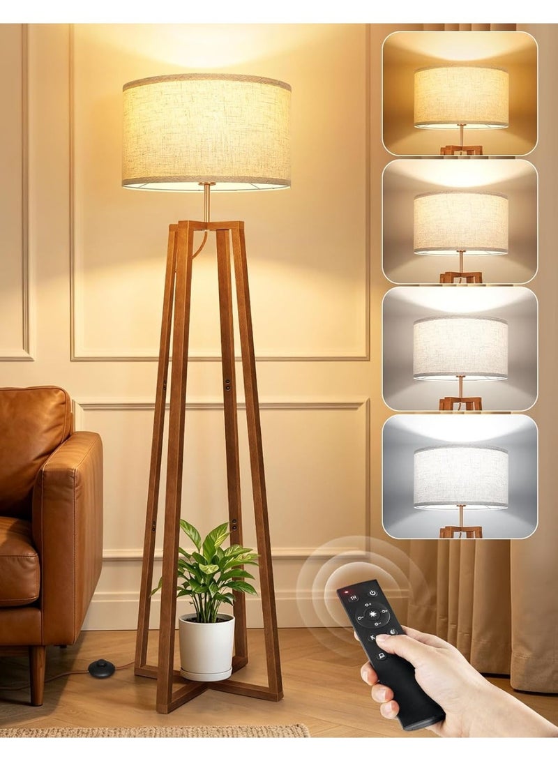 OUTON Modern Floor Lamp with Remote Control LED Bulb, Dimmable Standing Lamp 3000K-6500K, Solid Wood Floor Lamp with Linen Shade, Foot Switch, Timer & Memory Function for Living Room Bedroom Reading Room, 156cm - Image 1