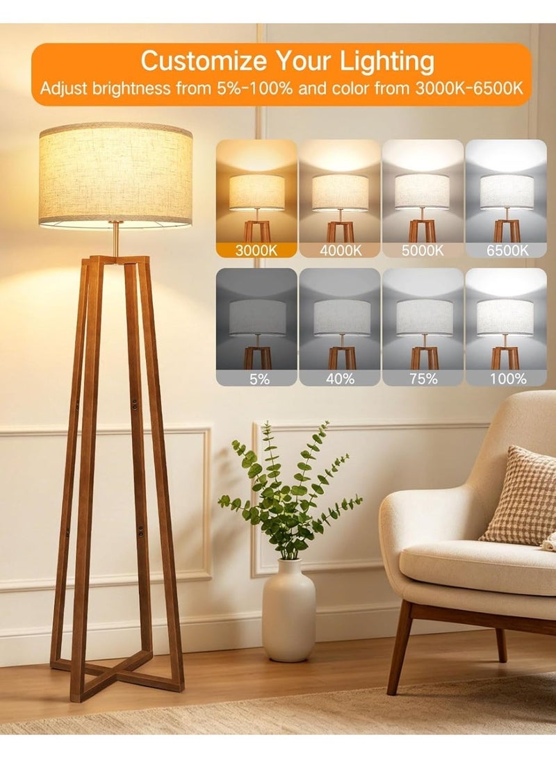 OUTON Modern Floor Lamp with Remote Control LED Bulb, Dimmable Standing Lamp 3000K-6500K, Solid Wood Floor Lamp with Linen Shade, Foot Switch, Timer & Memory Function for Living Room Bedroom Reading Room, 156cm - Image 2