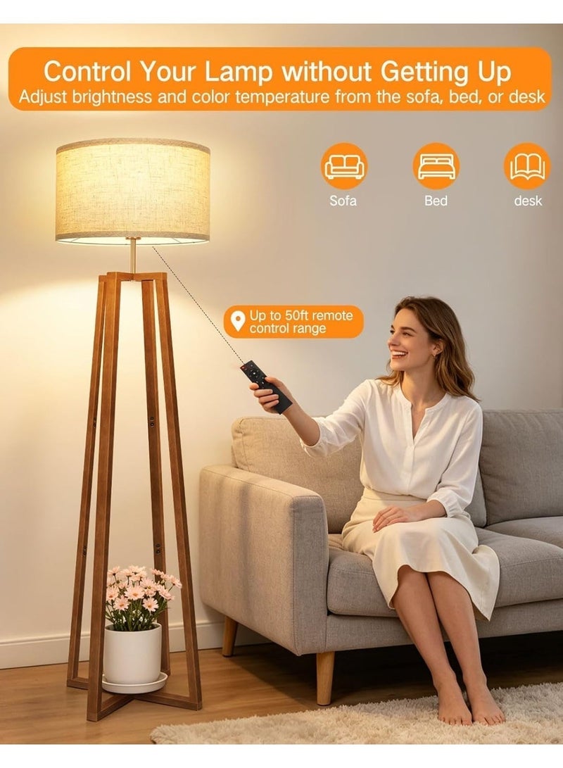 OUTON Modern Floor Lamp with Remote Control LED Bulb, Dimmable Standing Lamp 3000K-6500K, Solid Wood Floor Lamp with Linen Shade, Foot Switch, Timer & Memory Function for Living Room Bedroom Reading Room, 156cm - Image 4