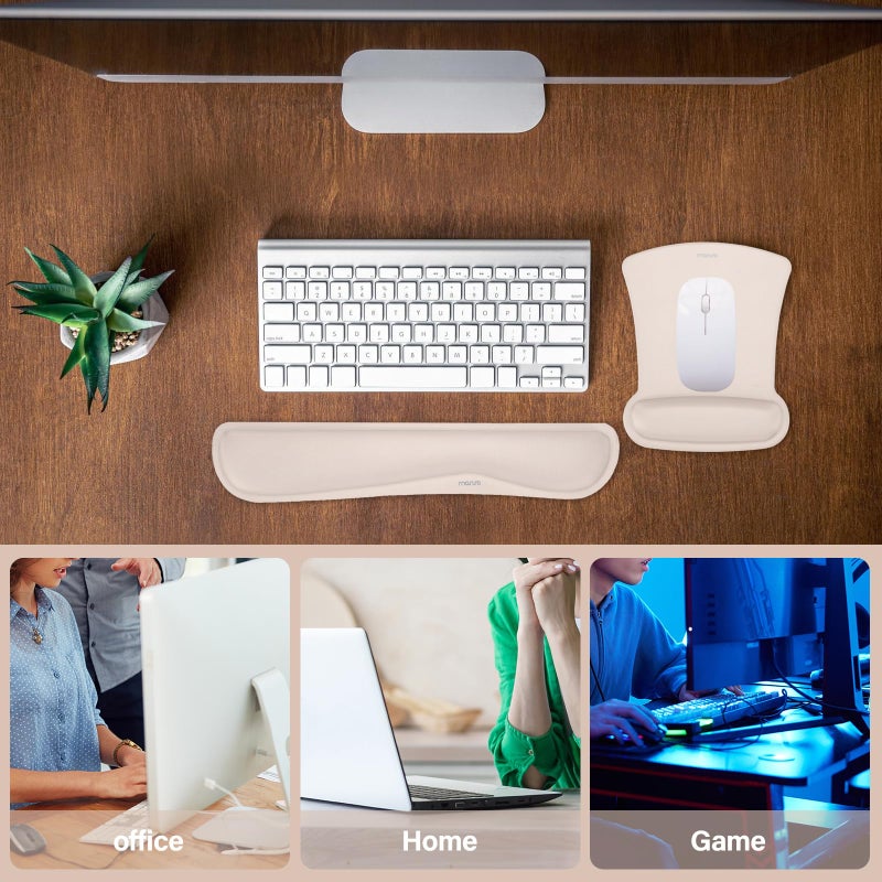 MOSISO Wrist Rest Support for Mouse Pad & Keyboard Set, Ergonomic Mousepad Non-Slip Base Home/Office Pain Relief & Easy Typing Cushion with Neoprene Cloth & Raised Memory Foam, Apricot - Image 2