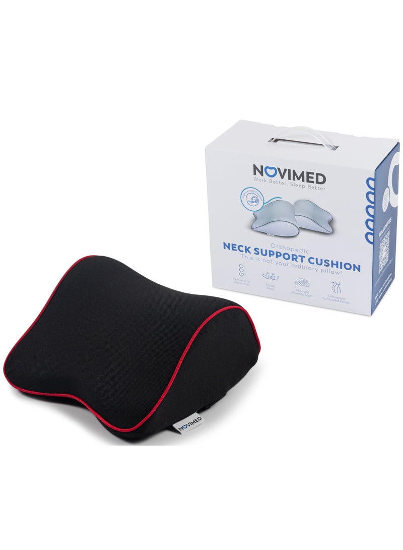 NOVIMED Memory Foam Car Neck Pillow for Cervical Support and Pain Relief in Car, Home, and Office Seats - Black with Red Outline - Image 1