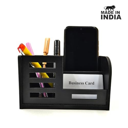 Woodkey Desk Organizer Pen stand With Visiting Card And Mobile Holder|Multipurpose Wooden Pen And Pencil Holder Stand For Office&Study Table, Desk Supplies Organisers (BLACK) - Image 2