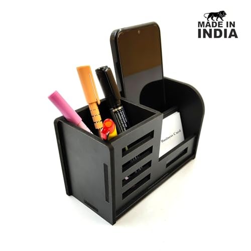 Woodkey Desk Organizer Pen stand With Visiting Card And Mobile Holder|Multipurpose Wooden Pen And Pencil Holder Stand For Office&Study Table, Desk Supplies Organisers (BLACK) - Image 3
