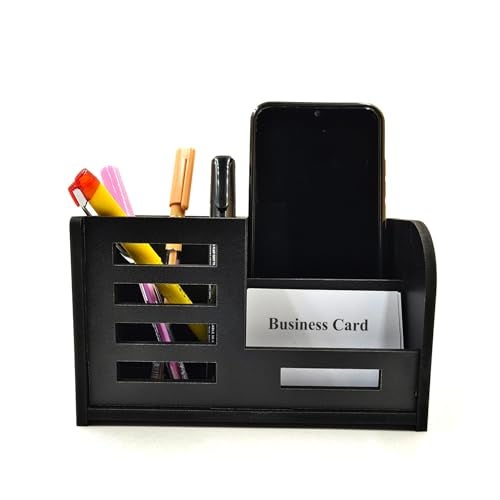 Woodkey Desk Organizer Pen stand With Visiting Card And Mobile Holder|Multipurpose Wooden Pen And Pencil Holder Stand For Office&Study Table, Desk Supplies Organisers (BLACK) - Image 1