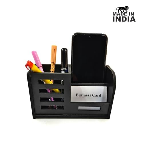 Woodkey Desk Organizer Pen stand With Visiting Card And Mobile Holder|Multipurpose Wooden Pen And Pencil Holder Stand For Office&Study Table, Desk Supplies Organisers (BLACK) - Image 4
