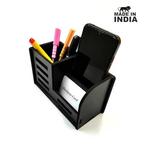 Woodkey Desk Organizer Pen stand With Visiting Card And Mobile Holder|Multipurpose Wooden Pen And Pencil Holder Stand For Office&Study Table, Desk Supplies Organisers (BLACK) - Image 5