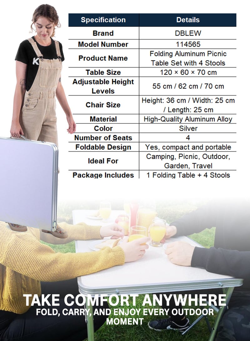دي بلو مجموعة طاولة نزهة قابلة للطي من الألومنيوم مقاس 120 سم مع 4 مقاعد قابلة للطي - ارتفاع قابل للتعديل (55/62/70 سم) - طاولة تخييم خارجية خفيفة الوزن محمولة للنزهات والشواء والشاطئ والحديقة - تصميم متين وصغير الحجم - Image 2