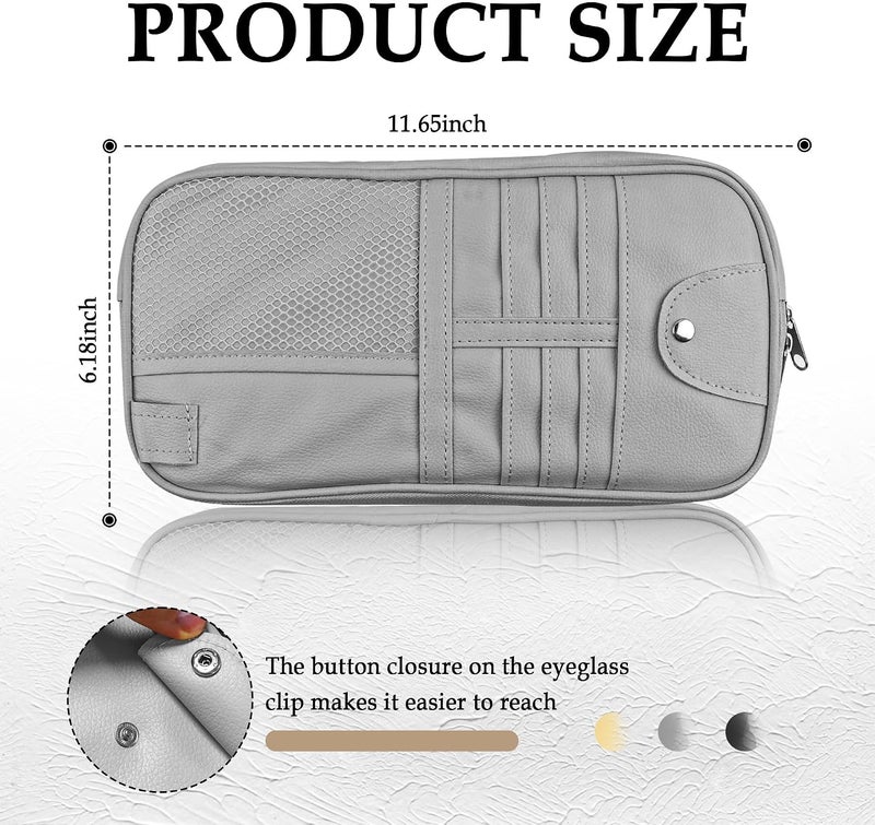 wedfish Upgrade Car Visor Organizer,Multipurpose Car Sun Visor Organizer with Sunglasses Holder for Car Storage Bank Cards,Driver's License,PU Leather Truck Visor Organizer for Most Vehicles (Grey) - Image 2