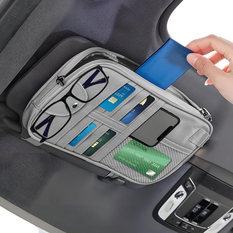 wedfish Upgrade Car Visor Organizer,Multipurpose Car Sun Visor Organizer with Sunglasses Holder for Car Storage Bank Cards,Driver's License,PU Leather Truck Visor Organizer for Most Vehicles (Grey) - Image 1