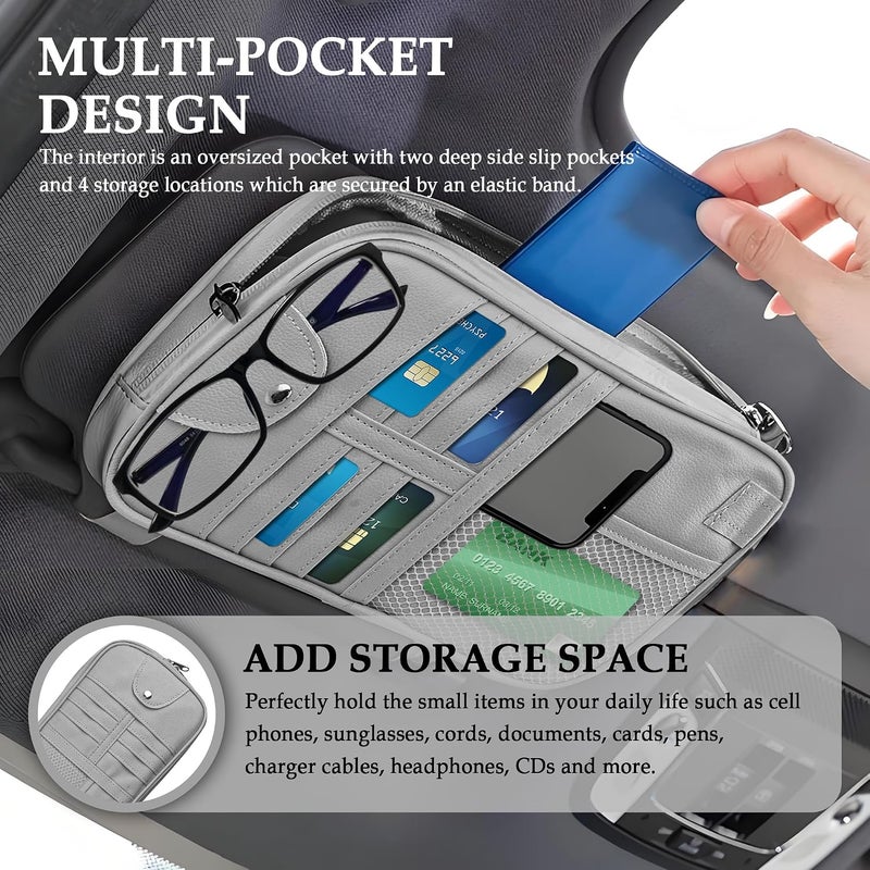 wedfish Upgrade Car Visor Organizer,Multipurpose Car Sun Visor Organizer with Sunglasses Holder for Car Storage Bank Cards,Driver's License,PU Leather Truck Visor Organizer for Most Vehicles (Grey) - Image 5