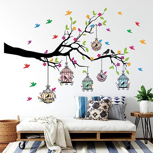Sticker Yard PVC Vinyl Tree and Flowers Branch Leaves Self-Adhesive Wall Sticker for Home Decor/Decoration - Living Room, Bedroom, Kids Room (Multicolor, Size: 127X84 cms) - Image 1