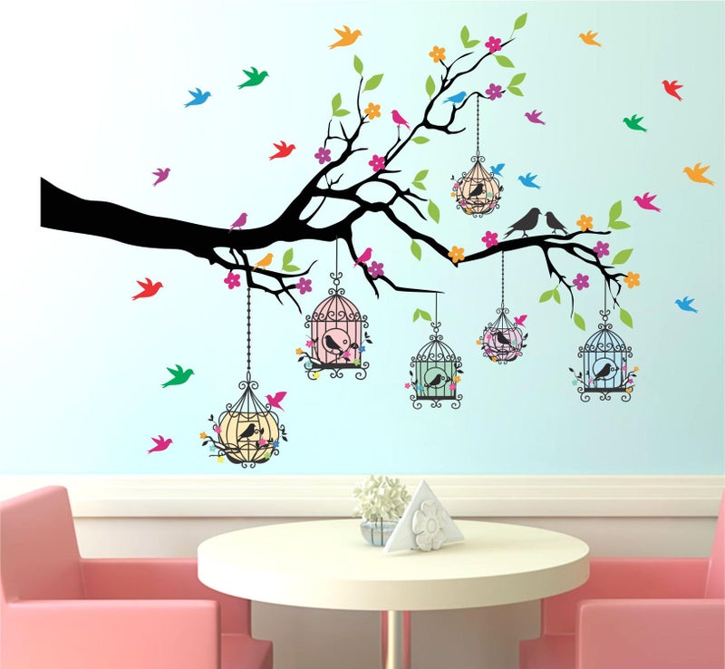 Sticker Yard PVC Vinyl Tree and Flowers Branch Leaves Self-Adhesive Wall Sticker for Home Decor/Decoration - Living Room, Bedroom, Kids Room (Multicolor, Size: 127X84 cms) - Image 3