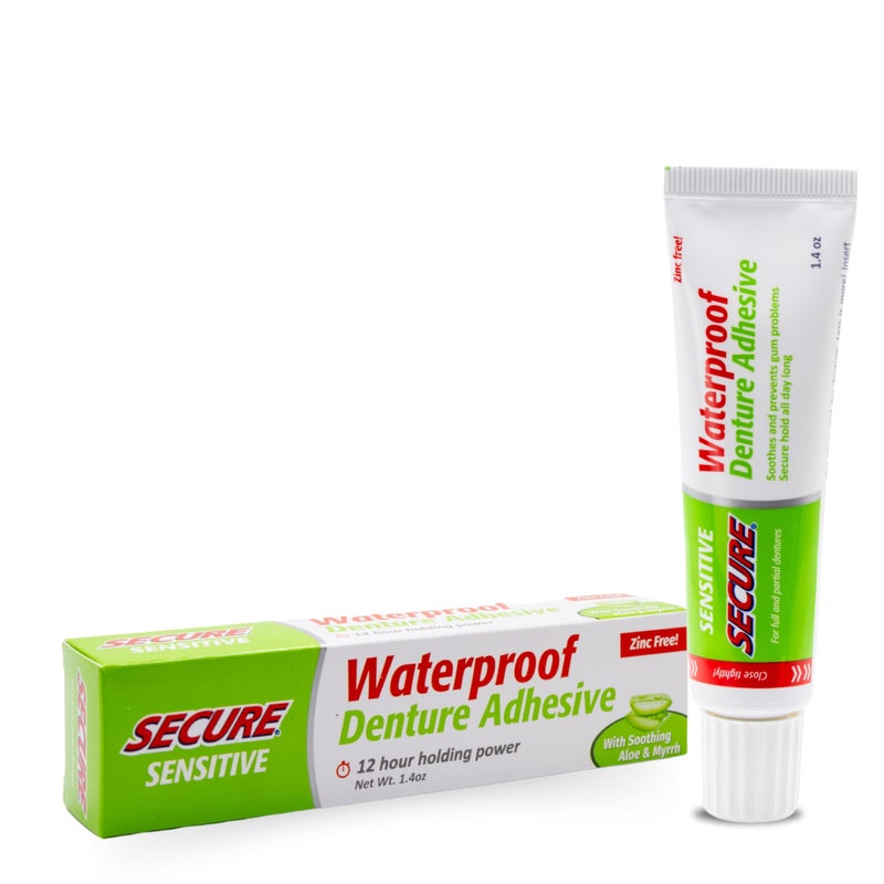 Secure Sensitive Gums Waterproof Denture Adhesive Zinc Free with Aloe Vera Myrrh Extra Strong 12 Hour Hold 14 oz