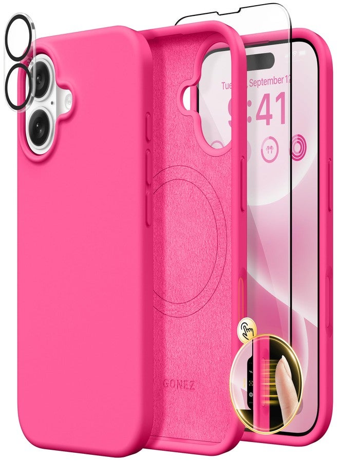 GONEZ Magnetic for iPhone 16 Case, Compatible with MagSafe, [Screen Protector + Camera Lens Protector], Liquid Silicone Shockproof Protective Phone Case for iPhone 16 6.1", Hot Pink - Image 1
