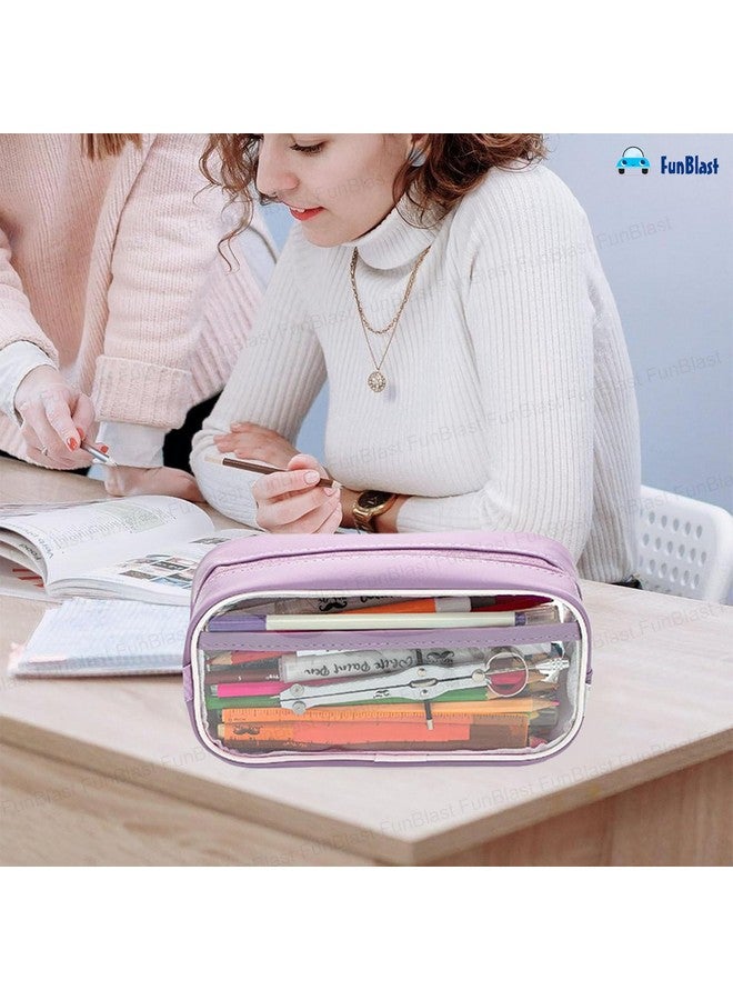 فنبلاست حقيبة أقلام شفافة من فن بلاست مزودة بسحاب للإغلاق - حقيبة أقلام كبيرة السعة، حقيبة مكياج محمولة، حقيبة أدوات مكتبية لطيفة للطالبات والفتيات والبالغين والمكاتب (أرجواني) - Image 4