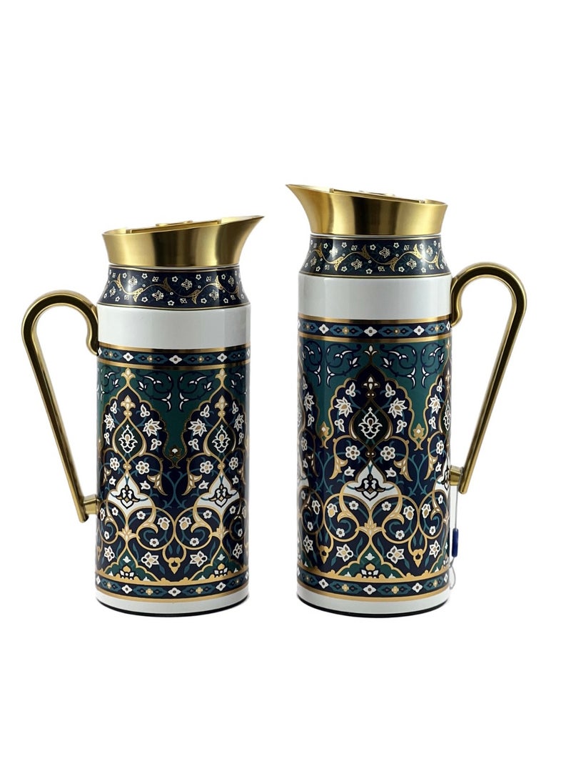 Homemaker 2-Piece Tea & Coffee Flask - 0.75 Liter & 1 Liter Capacity - Glass Inner - Steel Body - Multicolor Desing - Gold Handle - Image 2