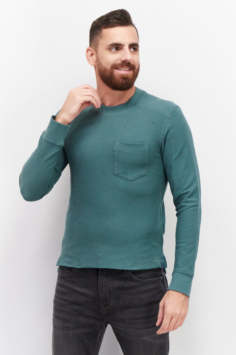 Celio Men Crew Neck Long Sleeve Ribbed T-Shirts, Light Green - Image 1